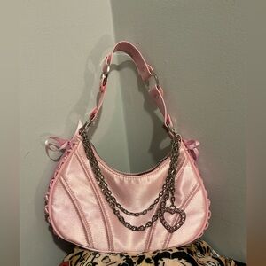 Dolls Kill Sugar Thrillz  Pink Satin Shoulder Bag with Chain Detail